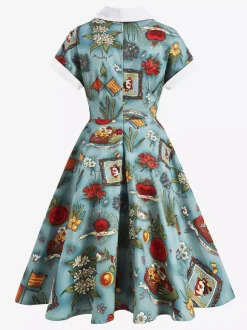Robe glamour vintage à col rabattu et boutons style années 50 manches courtes taille moyenne jaune rockabilly