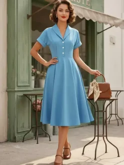 Robe glamour vintage à col rabattu et boutons style années 50 manches courtes taille moyenne jaune rockabilly