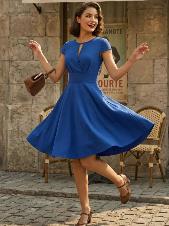 Robe glamour vintage style années 50 col rond manches courtes découpées coupe trapèze moyenne