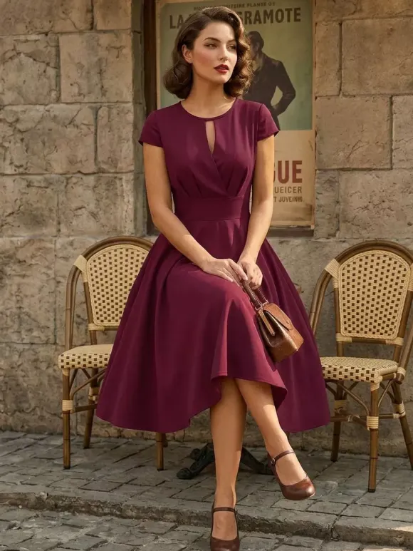 Robe glamour vintage style années 50 col rond manches courtes découpées coupe trapèze moyenne