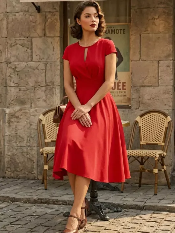 Robe glamour vintage style années 50 col rond manches courtes découpées coupe trapèze moyenne