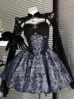 Robe Gothic Lolita à lacets rouge et noire manches longues corset épaules dénudées JSK avec boléro en dentelle