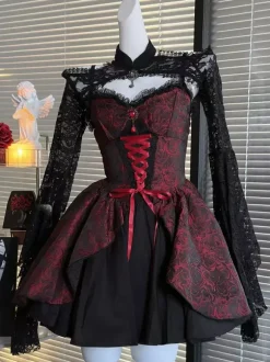 Robe Gothic Lolita à lacets rouge et noire manches longues corset épaules dénudées JSK avec boléro en dentelle