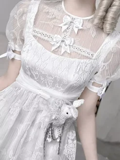 Robe gothique Lolita blanche en dentelle avec n艙ud et volants