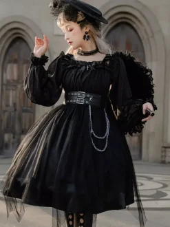 Robe gothique Lolita OP avec manches longues en dentelle à volants Robe noire une pièce Lolita