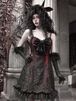 Robe Gothique Lolita Plumes Dentelle Noire JSK
