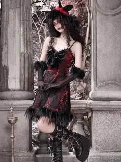 Robe Gothique Lolita Plumes Dentelle Noire JSK