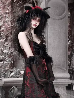 Robe Gothique Lolita Plumes Dentelle Noire JSK