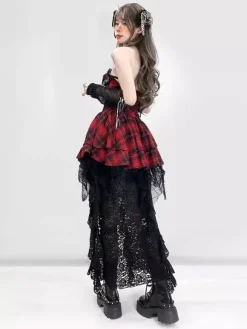 Robe gothique lolita punk à carreaux rouges et noirs corset sans manches robe JSK lolita