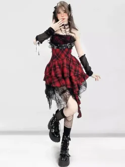 Robe gothique lolita punk à carreaux rouges et noirs corset sans manches robe JSK lolita