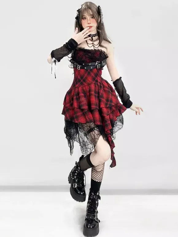 Robe gothique lolita punk à carreaux rouges et noirs corset sans manches robe JSK lolita