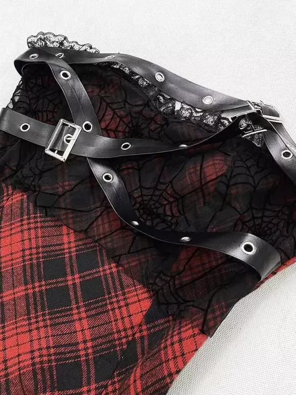 Robe gothique lolita punk à carreaux rouges et noirs corset sans manches robe JSK lolita