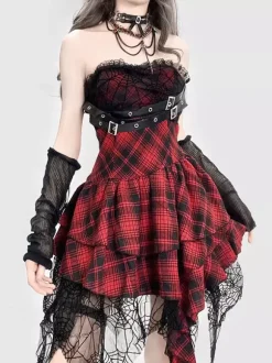 Robe gothique lolita punk à carreaux rouges et noirs corset sans manches robe JSK lolita