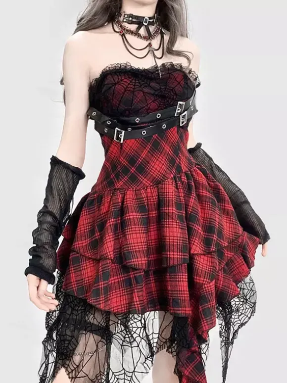 Robe gothique lolita punk à carreaux rouges et noirs corset sans manches robe JSK lolita