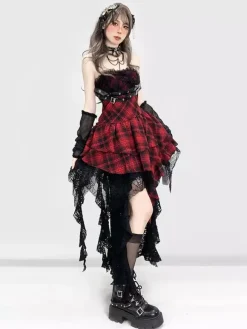 Robe gothique lolita punk à carreaux rouges et noirs corset sans manches robe JSK lolita