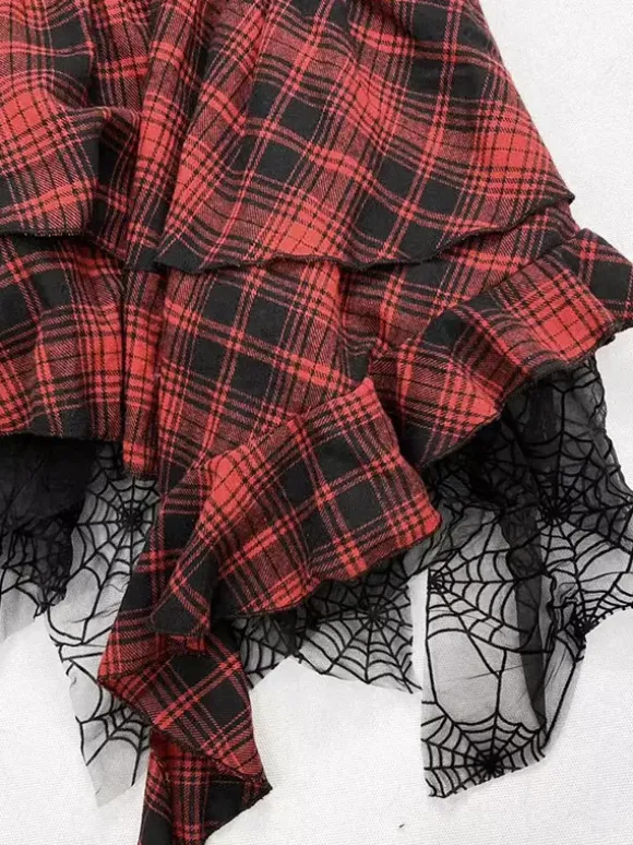 Robe gothique lolita punk à carreaux rouges et noirs corset sans manches robe JSK lolita