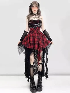 Robe gothique lolita punk à carreaux rouges et noirs corset sans manches robe JSK lolita