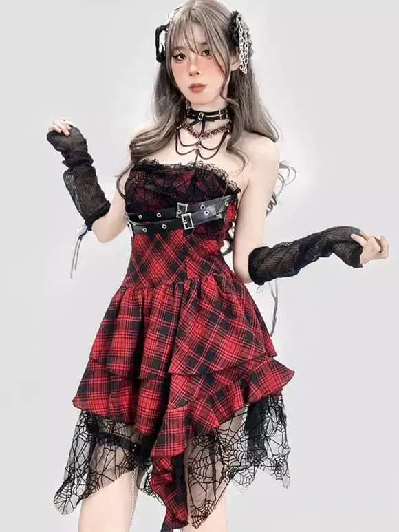 Robe gothique lolita punk à carreaux rouges et noirs corset sans manches robe JSK lolita