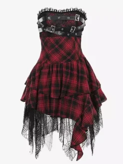 Robe gothique lolita punk à carreaux rouges et noirs corset sans manches robe JSK lolita