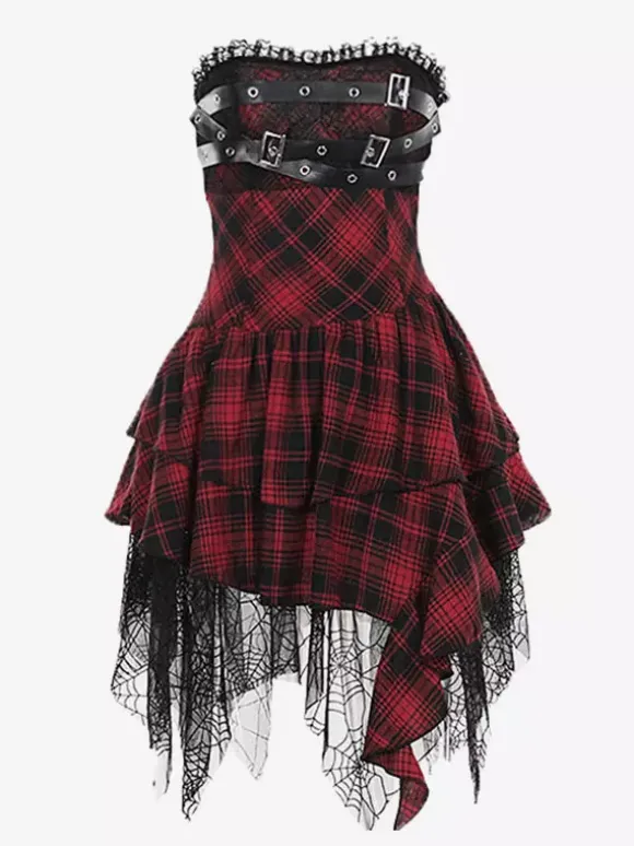 Robe gothique lolita punk à carreaux rouges et noirs corset sans manches robe JSK lolita