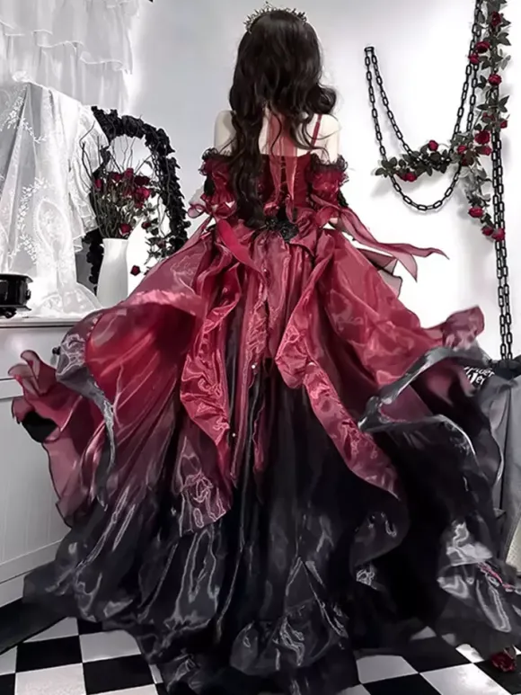 Robe gothique Lolita robe de mariée Lolita rouge avec traîne amovible robe de princesse victorienne très détaillée