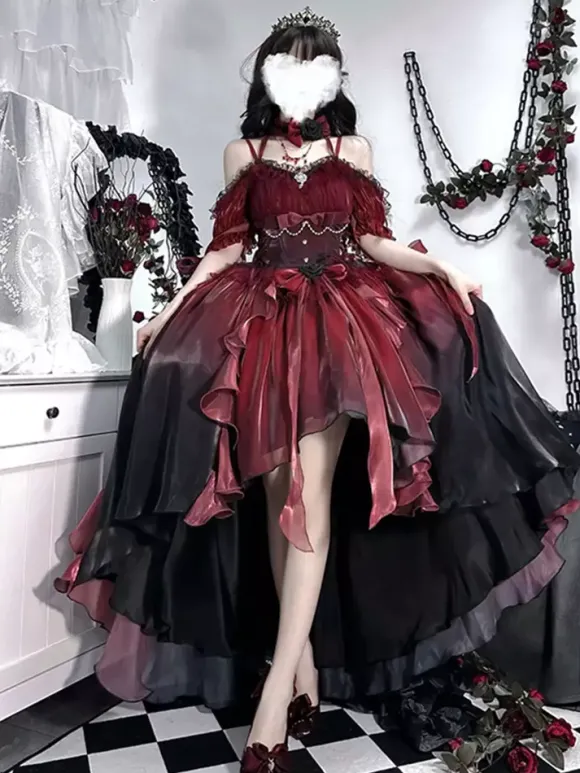 Robe gothique Lolita robe de mariée Lolita rouge avec traîne amovible robe de princesse victorienne très détaillée