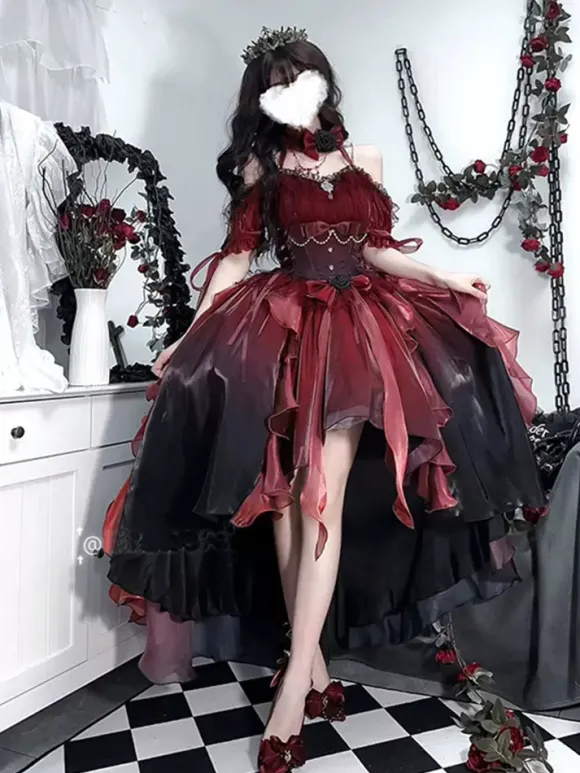 Robe gothique Lolita robe de mariée Lolita rouge avec traîne amovible robe de princesse victorienne très détaillée