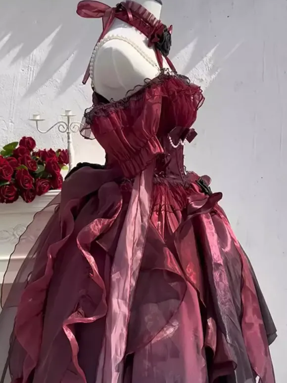 Robe gothique Lolita robe de mariée Lolita rouge avec traîne amovible robe de princesse victorienne très détaillée