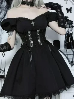 Robe gothique punk épaules dénudées manches courtes dentelle robe courte Lolita