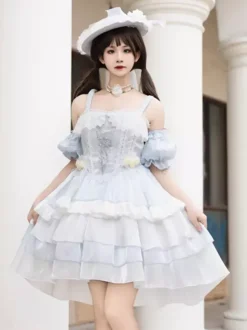 Robe Hime gothique Sweet Lolita bleu ciel clair sans manches pull à n艙uds polyester mode kawaii