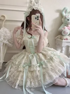 Robe Hime Lolita en dentelle douce à volants et n艙ud dans le dos courte