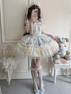 Robe Hime Lolita en dentelle douce à volants et n艙ud dans le dos courte