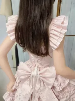 Robe Hime Lolita rose doux sans manches à volants jupe pull décontractée tenue quotidienne polyester mode kawaii