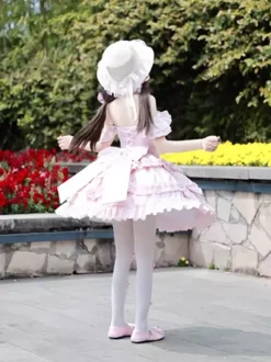 Robe Hime Lolita rose doux sans manches à volants jupe pull décontractée tenue quotidienne polyester mode kawaii