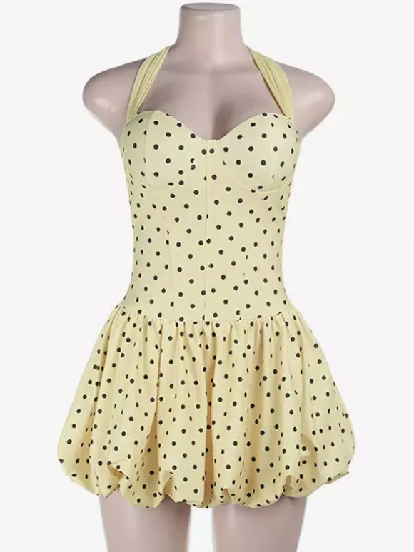 Robe jaune chic mini à lacets sans manches et dos nu idéale pour une soirée en amoureux