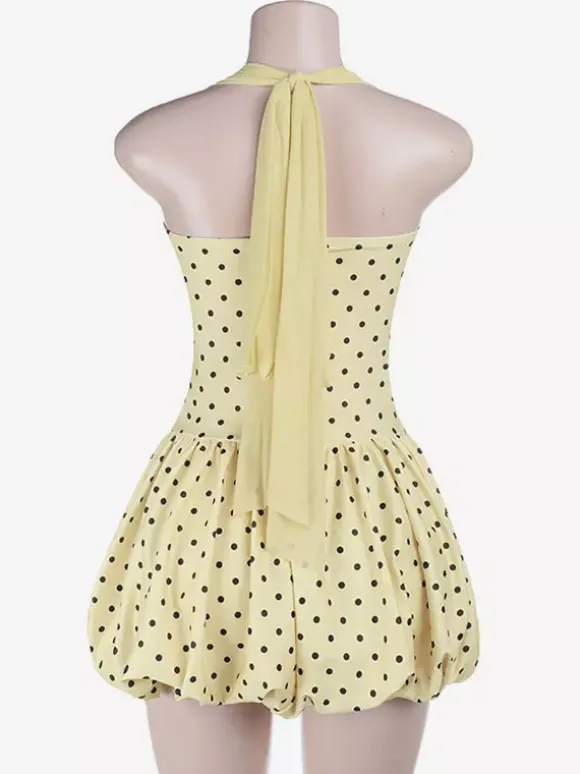 Robe jaune chic mini à lacets sans manches et dos nu idéale pour une soirée en amoureux
