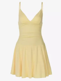 Robe jaune sexy mini à lacets sans manches dos nu et bretelles.