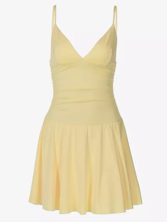 Robe jaune sexy mini à lacets sans manches dos nu et bretelles.