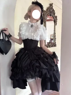 Robe-jupe Gothic Lolita corset à taille haute jupe Lolita à volants rouges