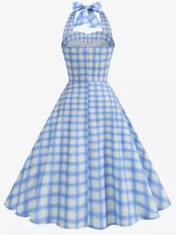 Robe élégante cintrée à carreaux bleus avec jupe trapèze parfaite pour les fêtes d'été