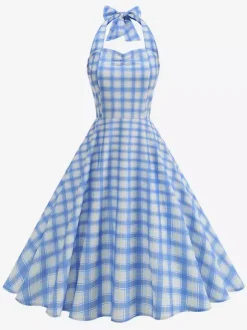 Robe élégante cintrée à carreaux bleus avec jupe trapèze parfaite pour les fêtes d'été