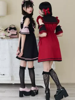 Robe Lolita à boutons en ruban sans manches avec bordure en dentelle uniforme de sous-culture