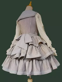 Robe Lolita Classica en polyester à volants sans manches robe Lolita à rayures marron foncé JSK