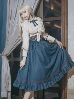 Robe Lolita classique bleu marine foncé en polyester à lacets et manches longues. Ensemble de robes Lolita
