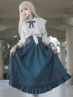 Robe Lolita classique bleu marine foncé en polyester à lacets et manches longues. Ensemble de robes Lolita