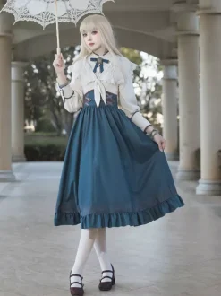 Robe Lolita classique bleu marine foncé en polyester à lacets et manches longues. Ensemble de robes Lolita
