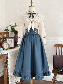 Robe Lolita classique bleu marine foncé en polyester à lacets et manches longues. Ensemble de robes Lolita