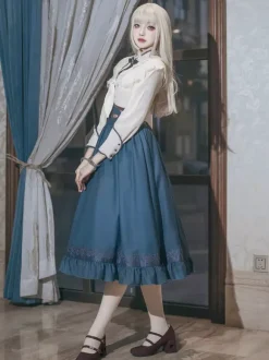 Robe Lolita classique bleu marine foncé en polyester à lacets et manches longues. Ensemble de robes Lolita
