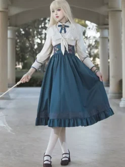 Robe Lolita classique bleu marine foncé en polyester à lacets et manches longues. Ensemble de robes Lolita