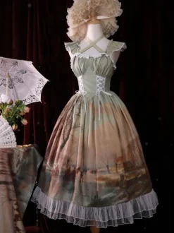 Robe Lolita classique en mousseline de soie volants sans manches imprimé floral bleu classique